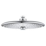 Chrome round shower head with multiple spray holes and cylindrical connector arm.