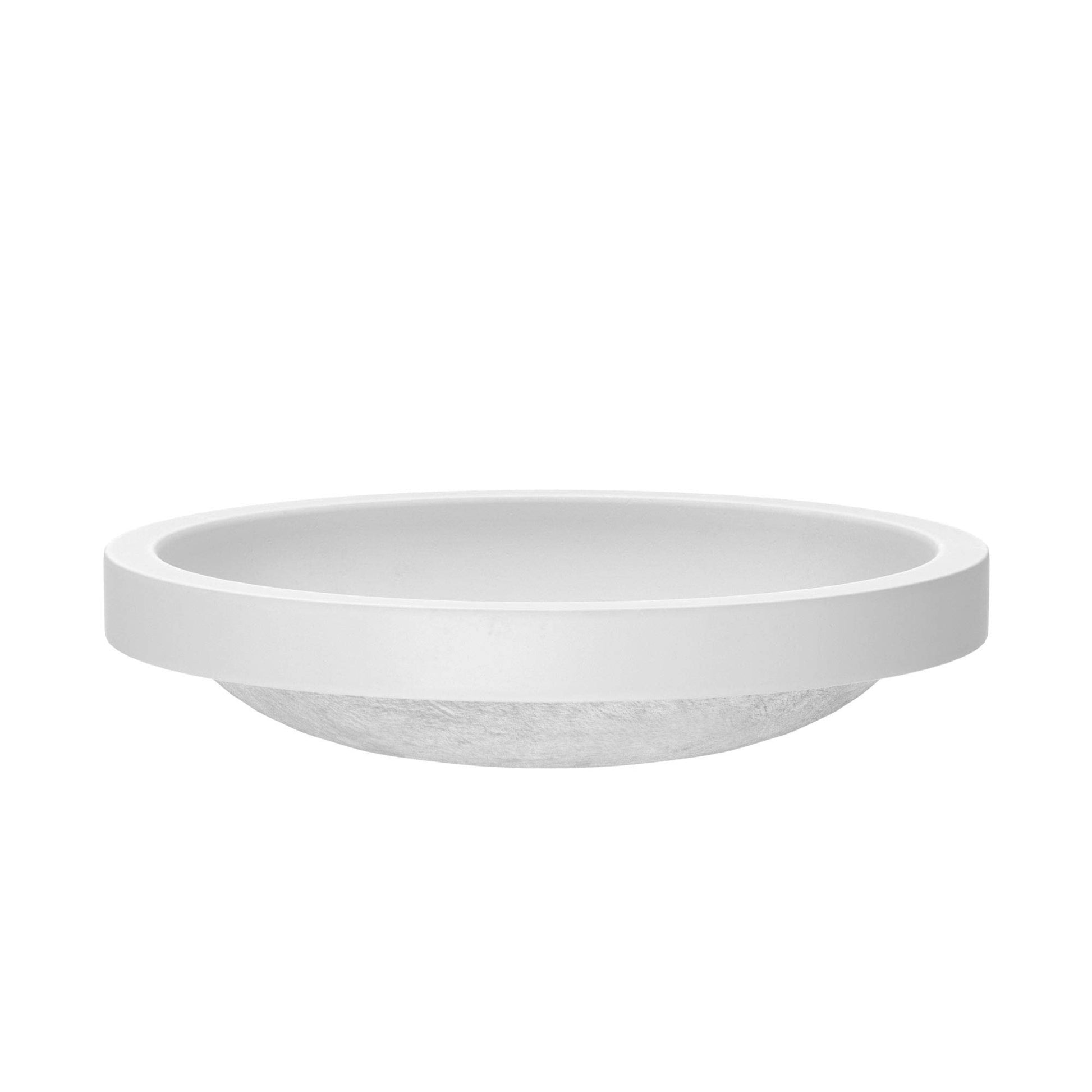 Pearl-colored round bathroom sink with wide rim and curved basin interior.