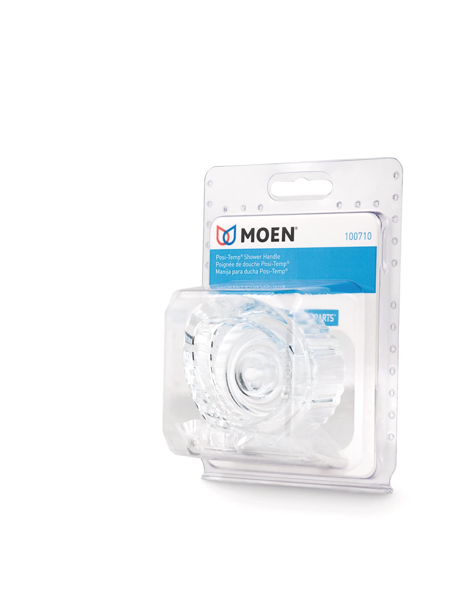Moen Posi-Temp clear plastic shower handle replacement kit model 100710 in retail packaging.
