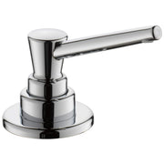 Chrome soap and lotion dispenser with cylindrical pump head and round base.