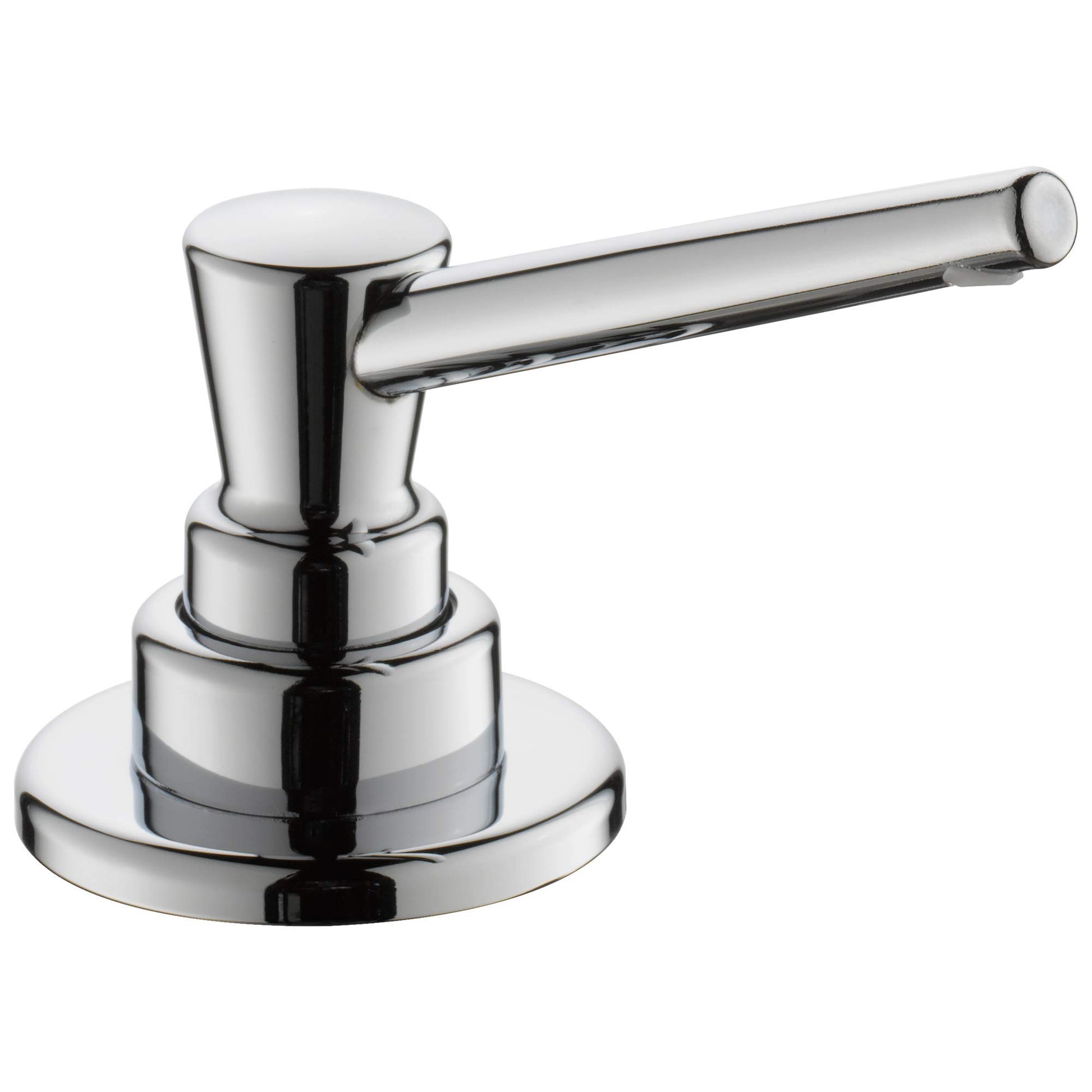 Chrome soap and lotion dispenser with cylindrical pump head and round base.