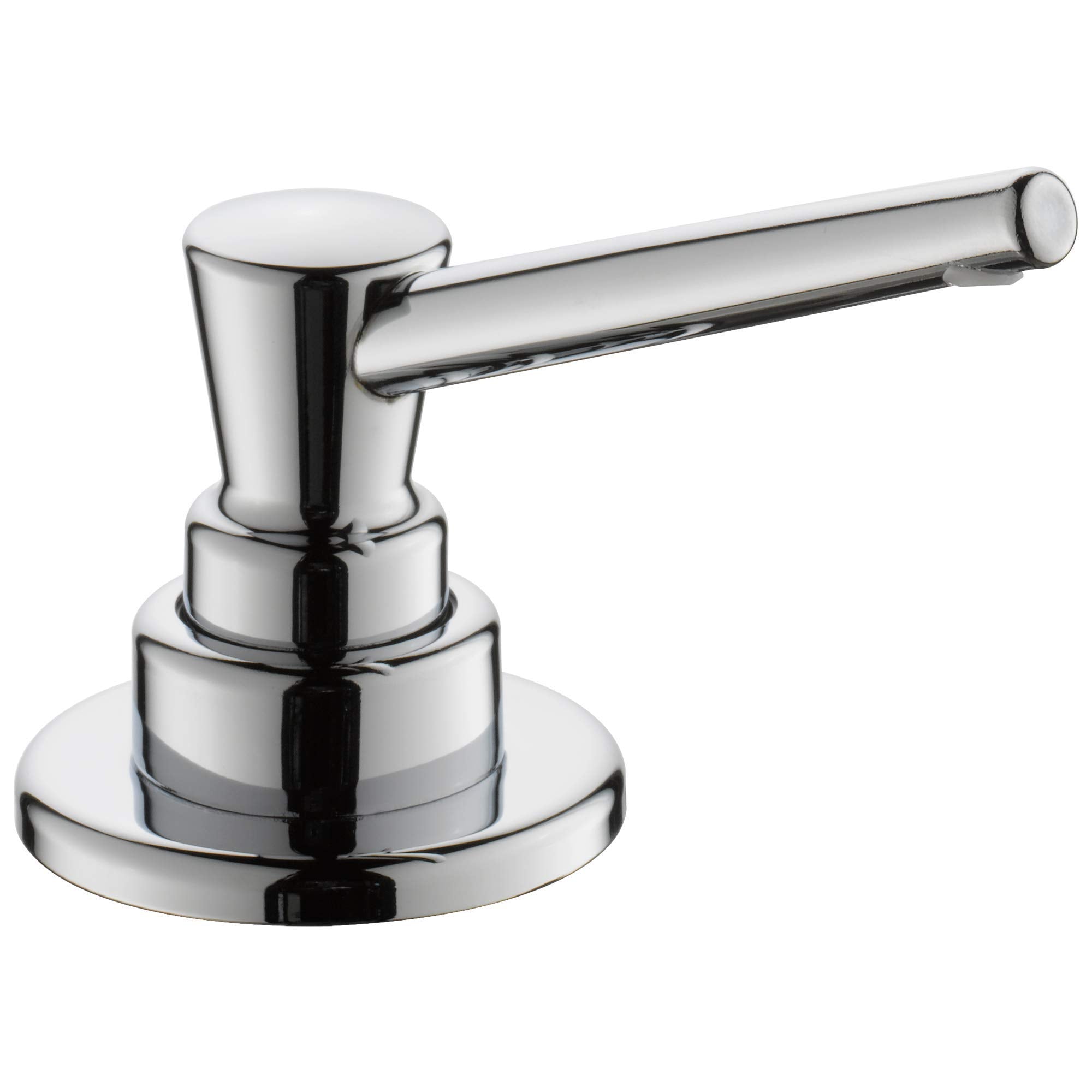 Chrome soap and lotion dispenser with cylindrical pump head and round base.
