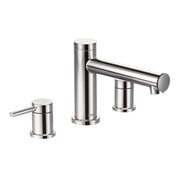 Chrome two-handle deck mount Roman tub faucet with cylindrical spout and lever handles.