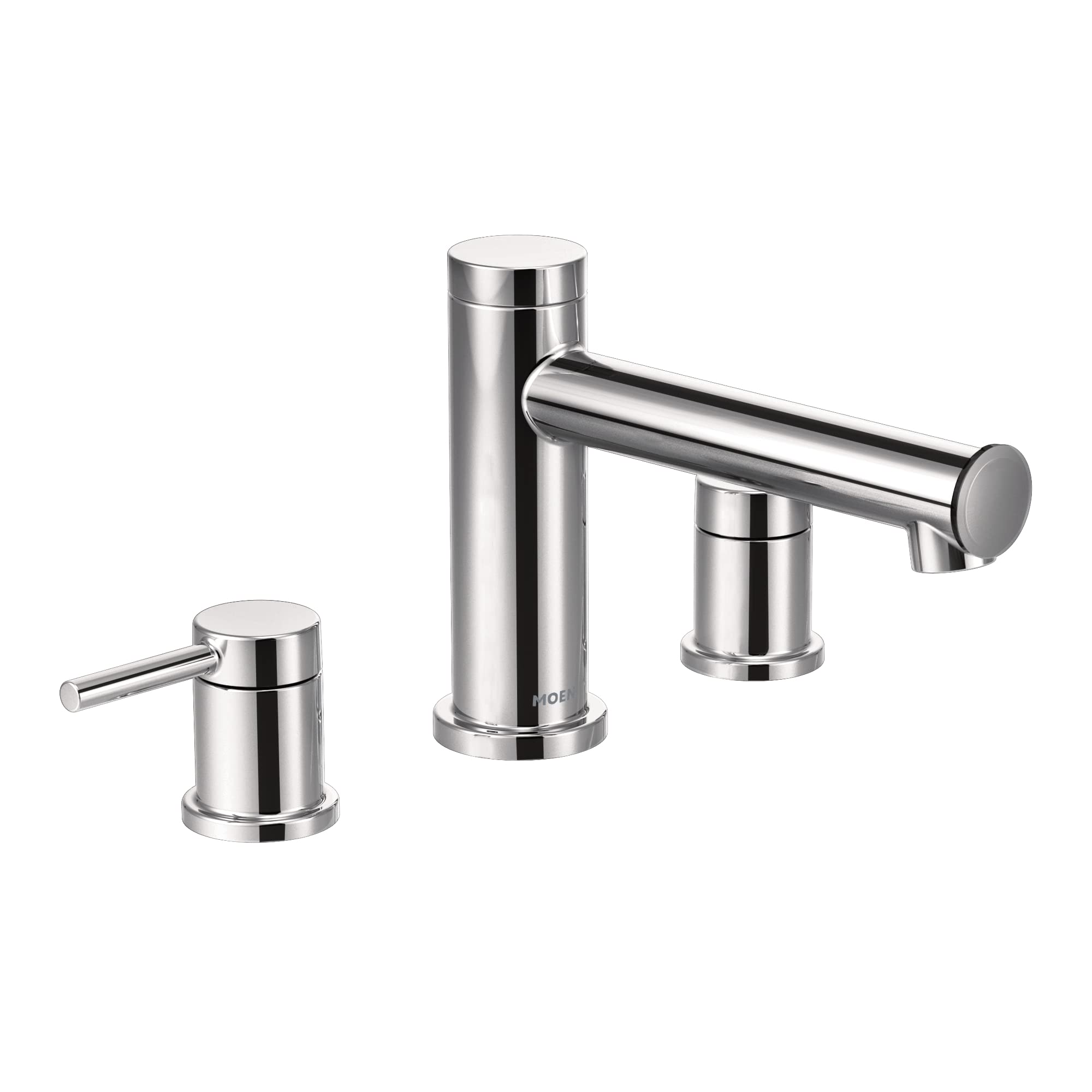 Chrome two-handle deck mount Roman tub faucet with cylindrical spout and lever handles.