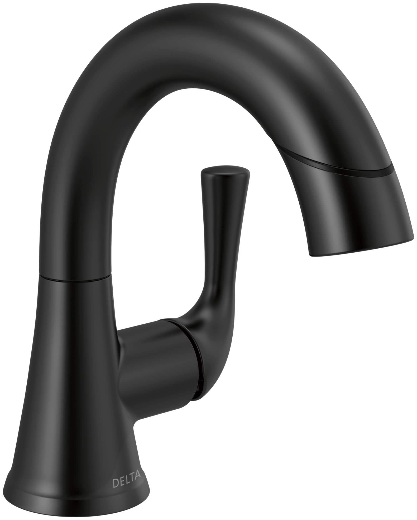 Black single-handle pull-down bathroom faucet with curved spout and cylindrical base.