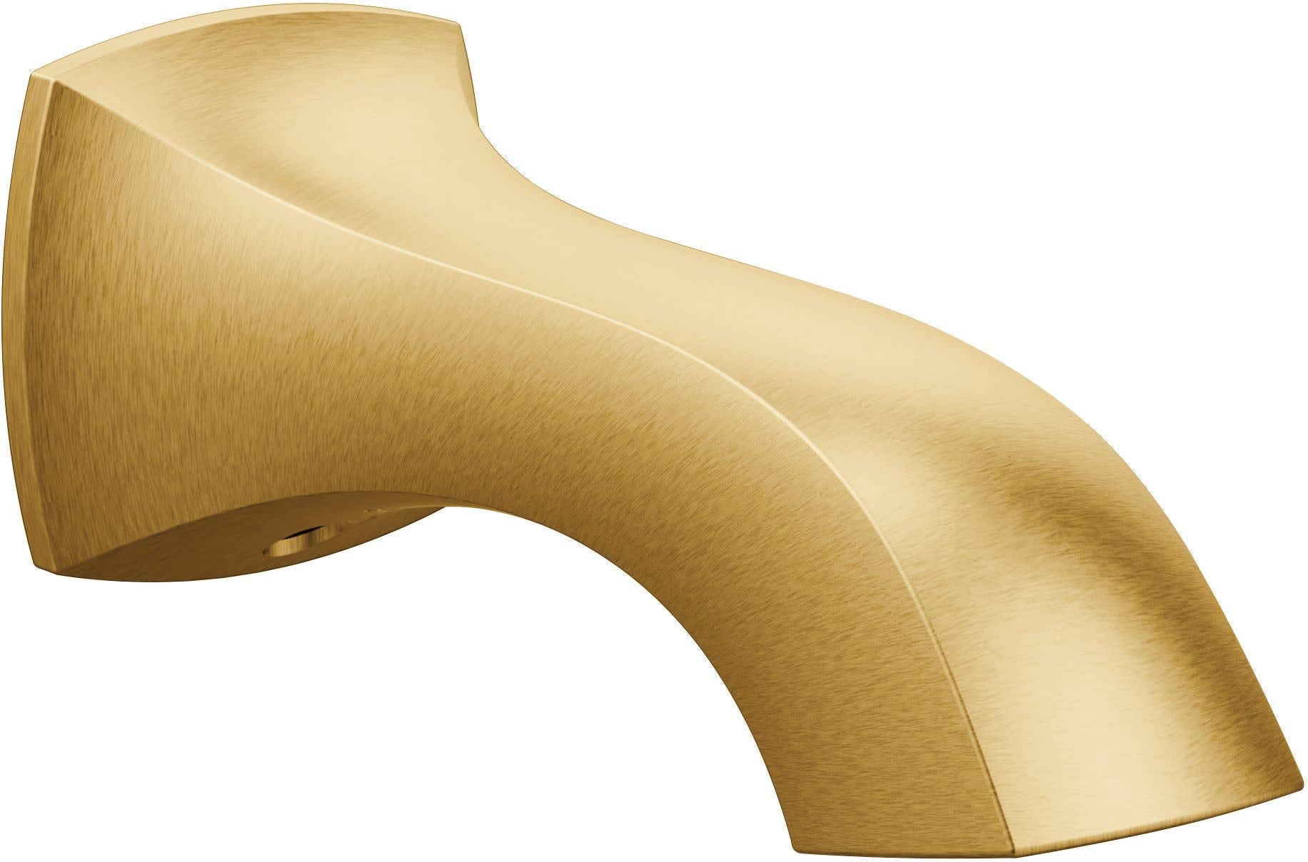 Brushed gold curved tub spout with slip fit connection and angled outlet.
