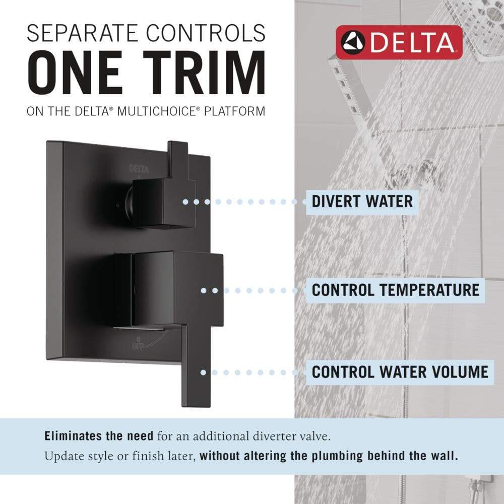 Matte black Delta shower valve with separate controls for water diversion, temperature, and volume adjustment.