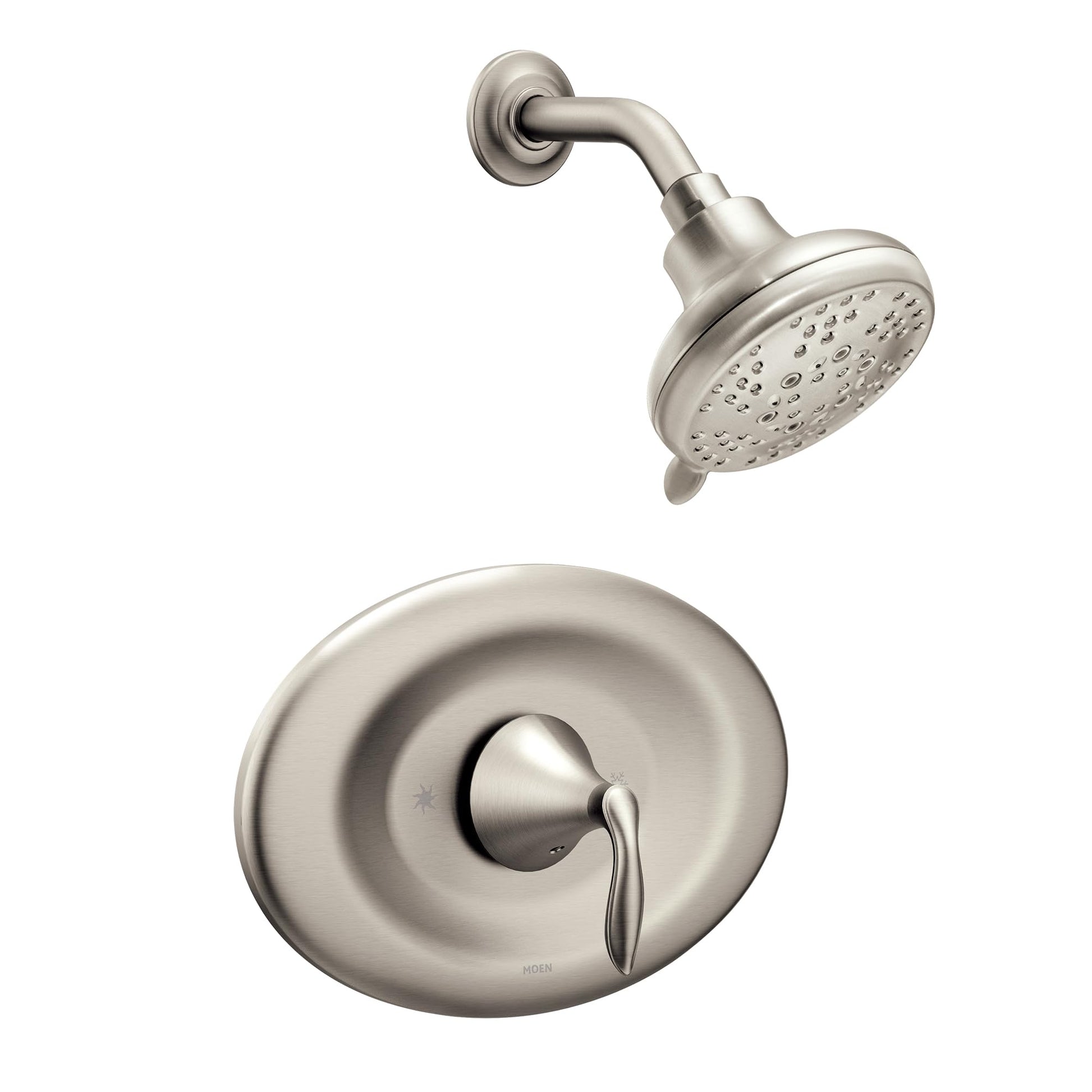 Brushed nickel shower trim kit with circular escutcheon, single lever handle, and perforated showerhead with curved arm.