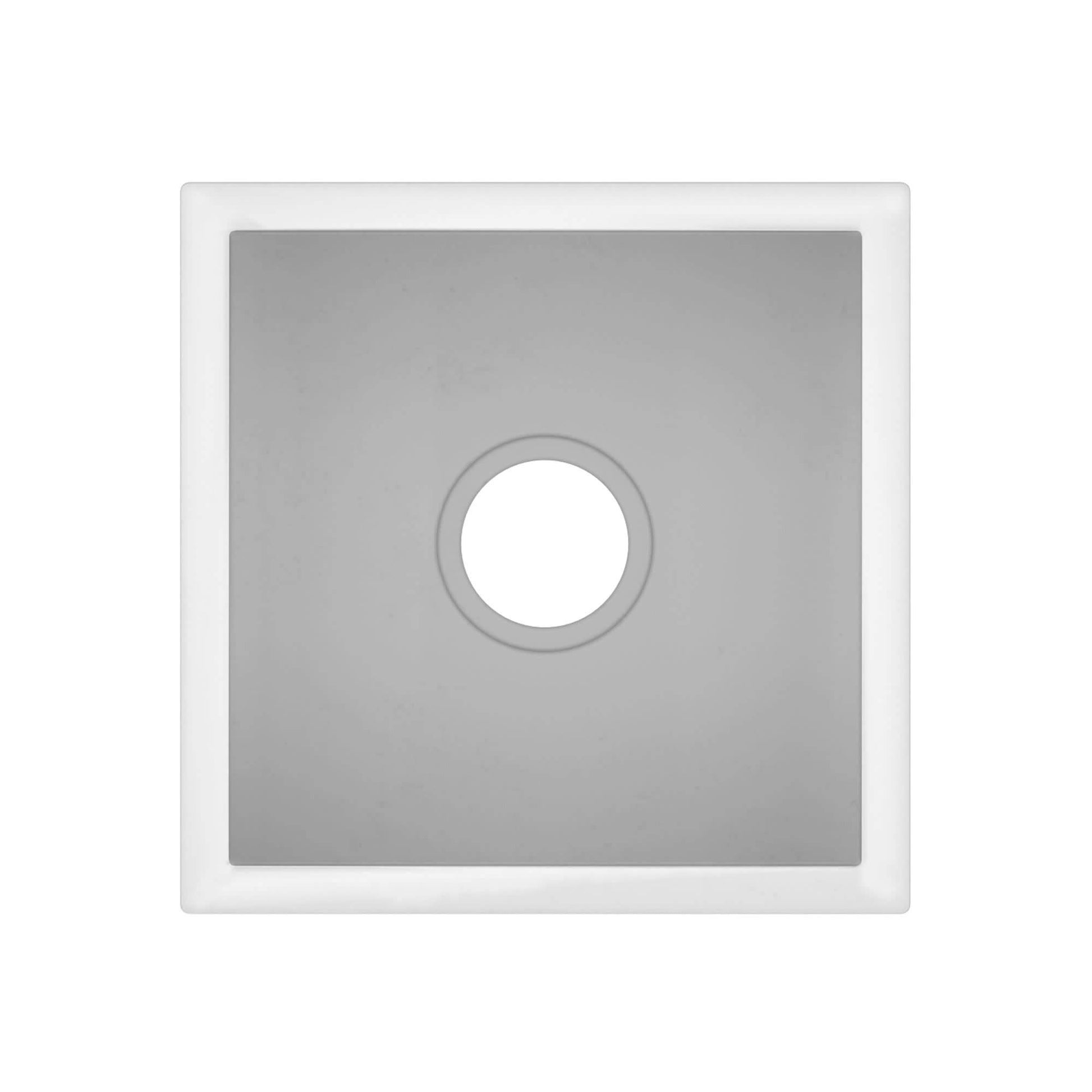 Square bar sink with gray ash interior, white rim, and centered circular drain opening.