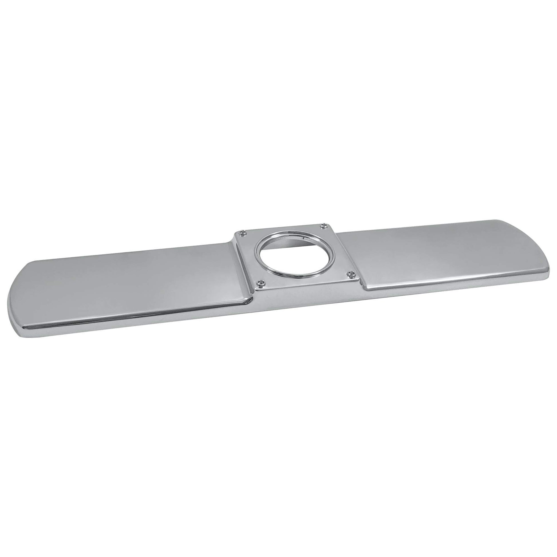 Chrome finish escutcheon kit with oval center opening and two flanged side panels for wall mounting.