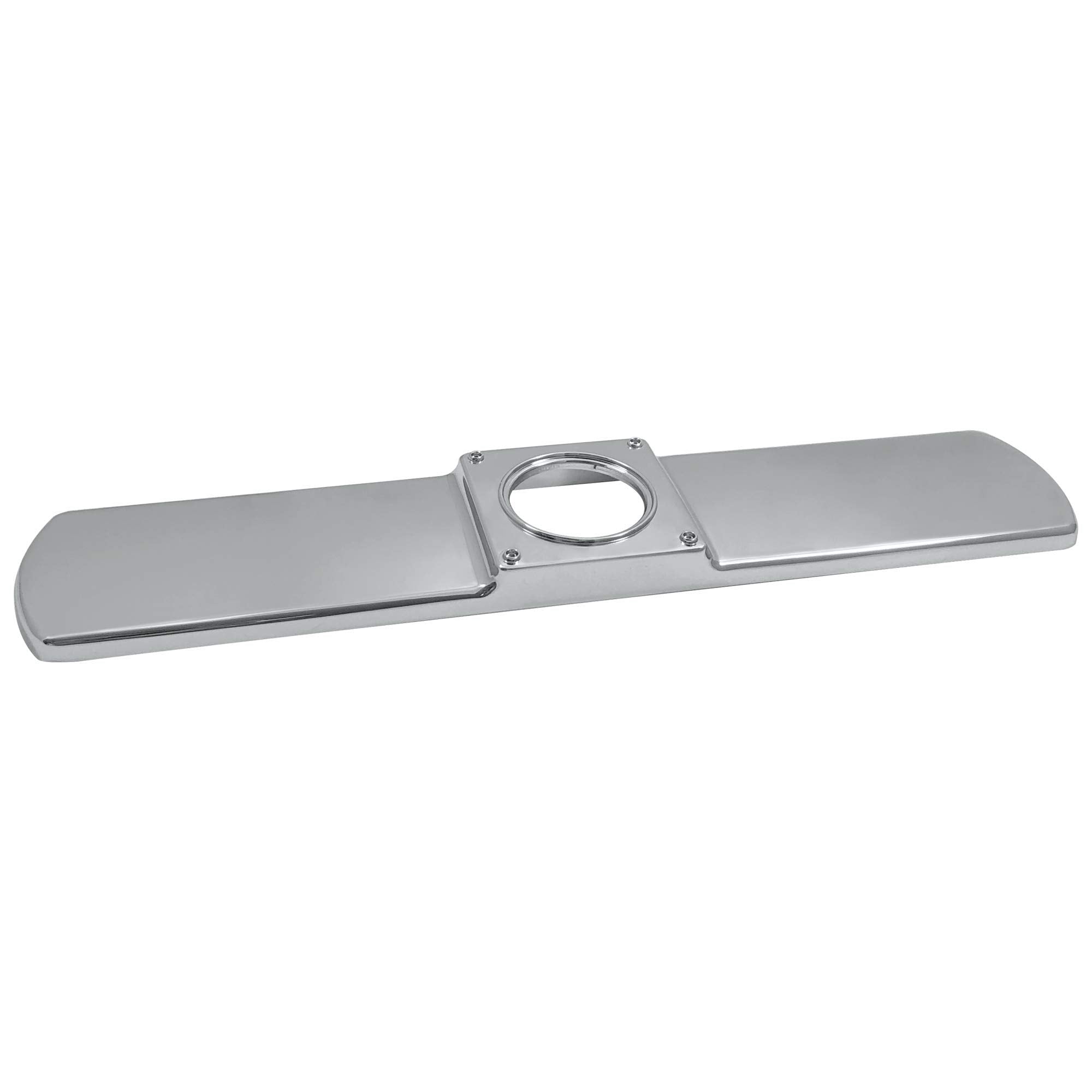 Chrome finish escutcheon kit with oval center opening and two flanged side panels for wall mounting.