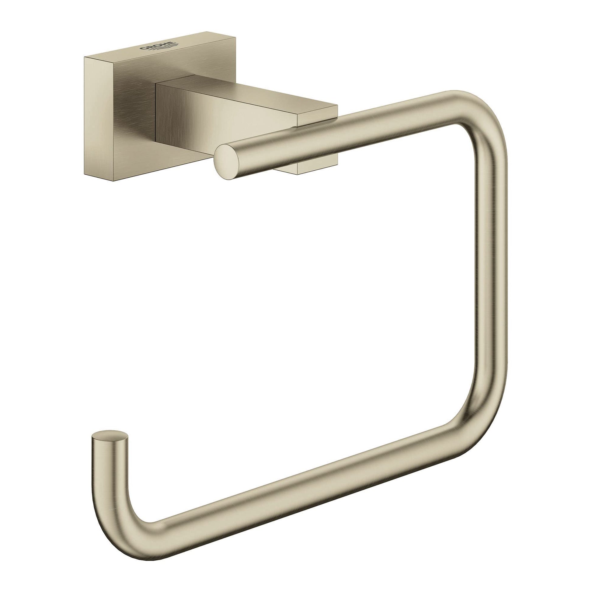Brushed nickel paper holder with square wall mount and curved open ring design.
