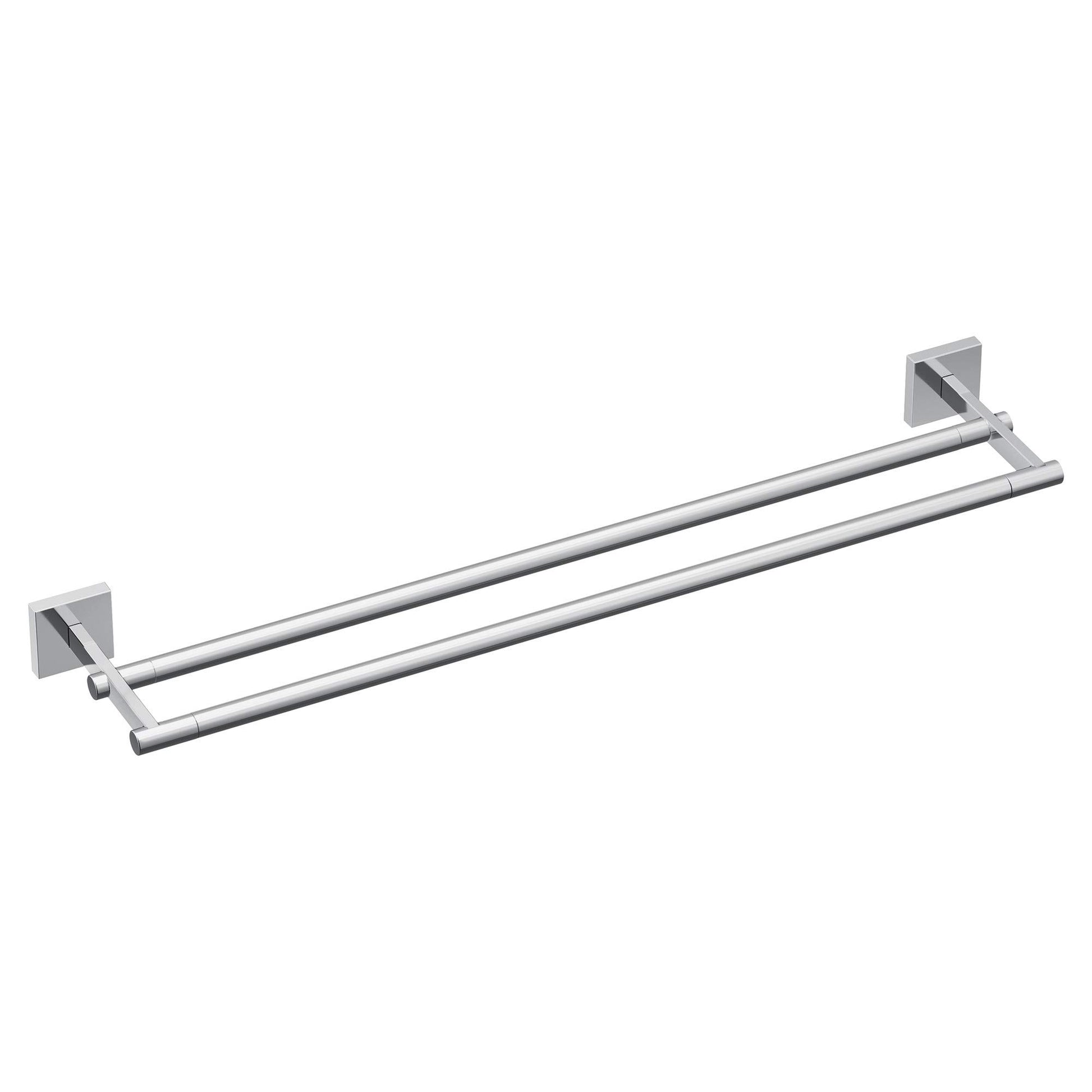 Chrome double towel bar with two parallel rails mounted on square wall brackets.