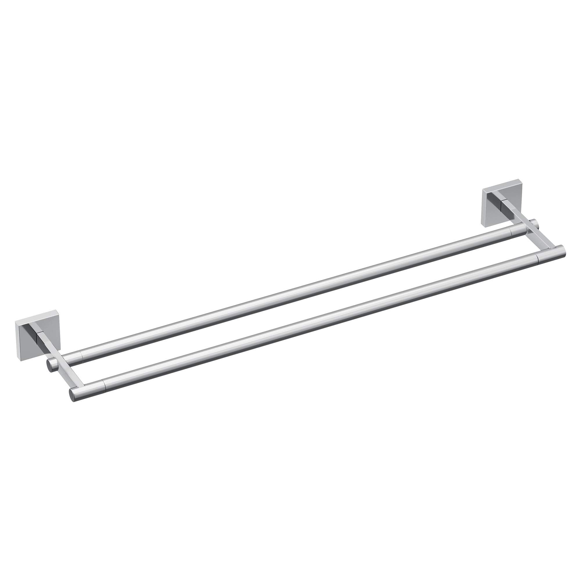Chrome double towel bar with two parallel rails mounted on square wall brackets.
