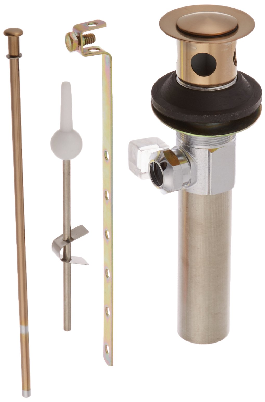 Champagne bronze pop-up drain assembly with metal components, rubber gasket, and mechanical linkage parts for bathroom sink i