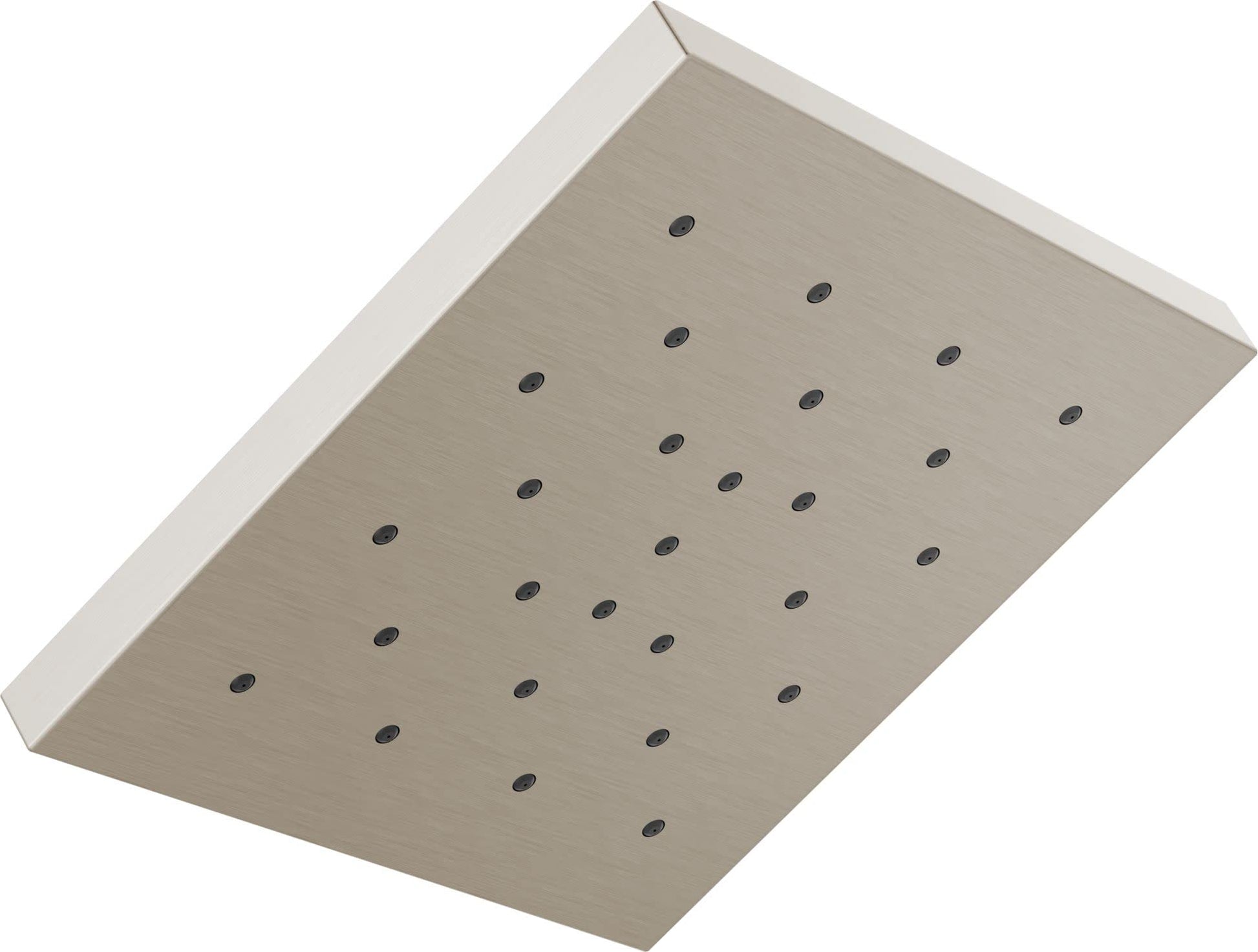Square brushed nickel shower head with multiple spray holes arranged in rows.