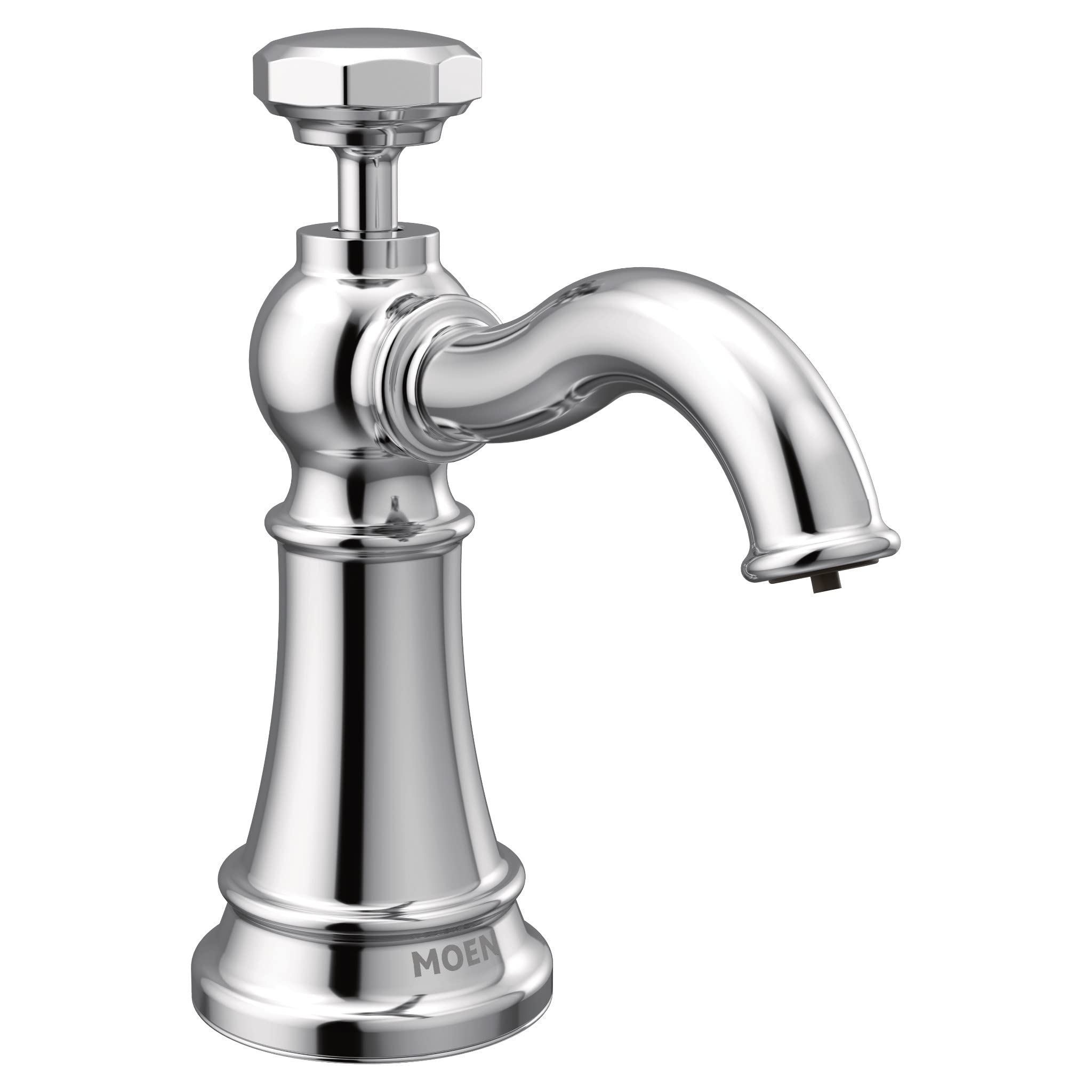 Chrome kitchen soap dispenser with curved spout and round pump head mounted on tapered cylindrical base.