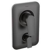 Moen Method matte black shower trim kit with single lever handle and three-function diverter valve on rounded rectangular esc