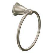 Brushed nickel wall-mount towel ring with tapered mounting base and circular ring.