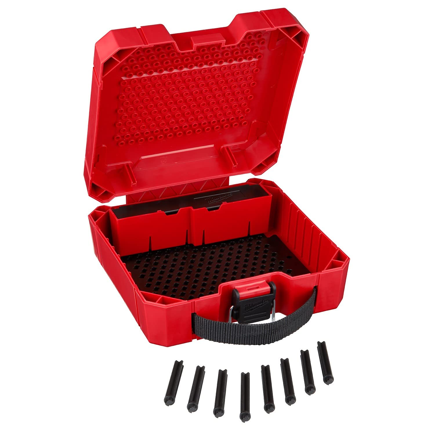 Red plastic case with black foam interior, dividers, carry handle, and eight black hole saw bits displayed below.