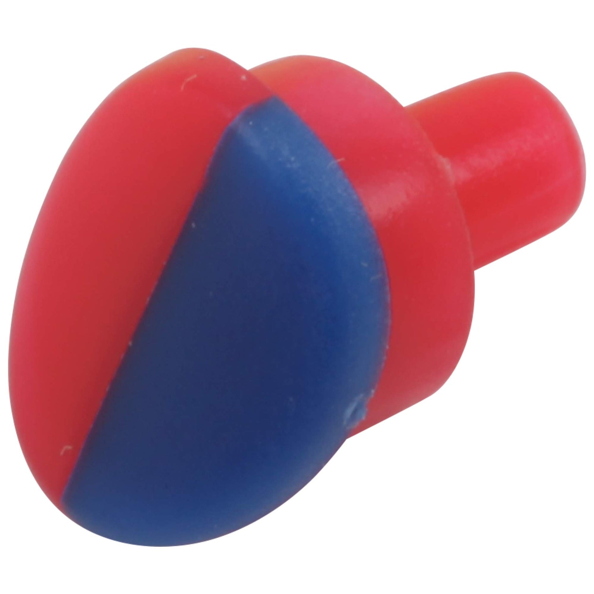 Red and blue two-tone Delta faucet button with rounded, organic shape and protruding lever handle.