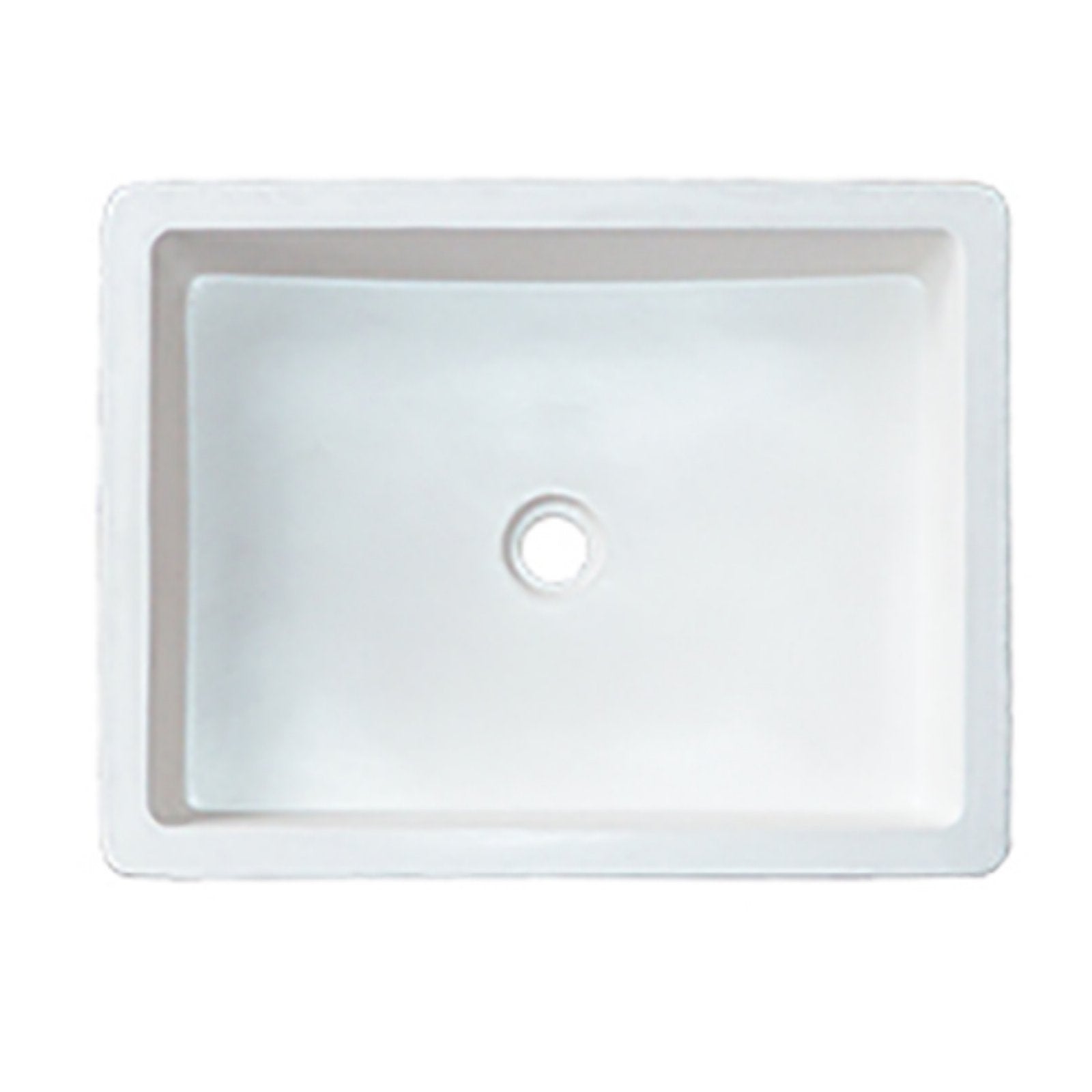 Rectangular white undermount bathroom sink with single drain hole and sloped interior.