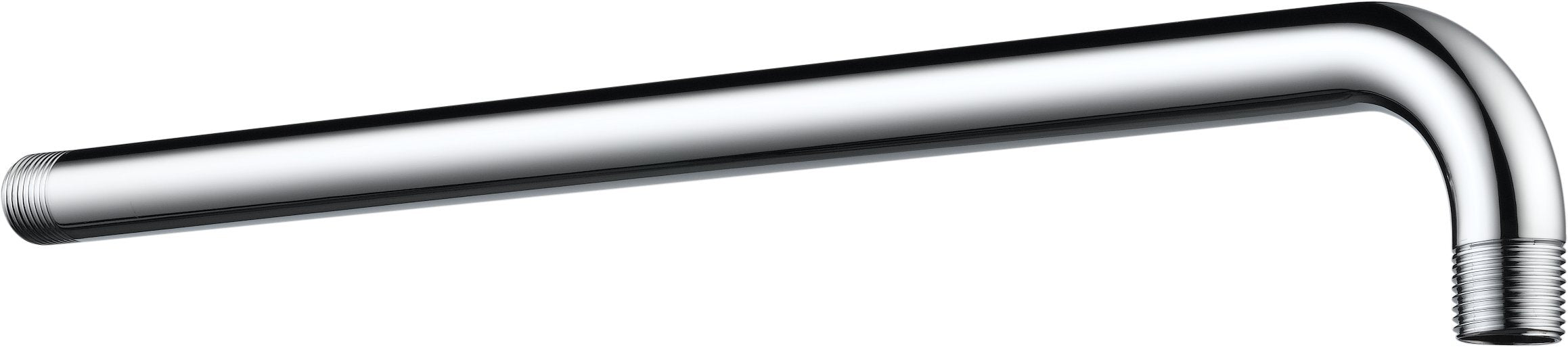 Chrome shower arm with 90-degree elbow bend, threaded connections at both ends, approximately 16 inches long.