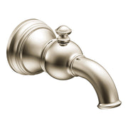 Polished nickel diverter spout with curved outlet and decorative finial, wall-mounted design.