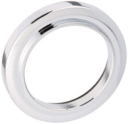 Chrome-finished circular trim ring with white outer band and integrated gasket for bathroom lavatory installation.