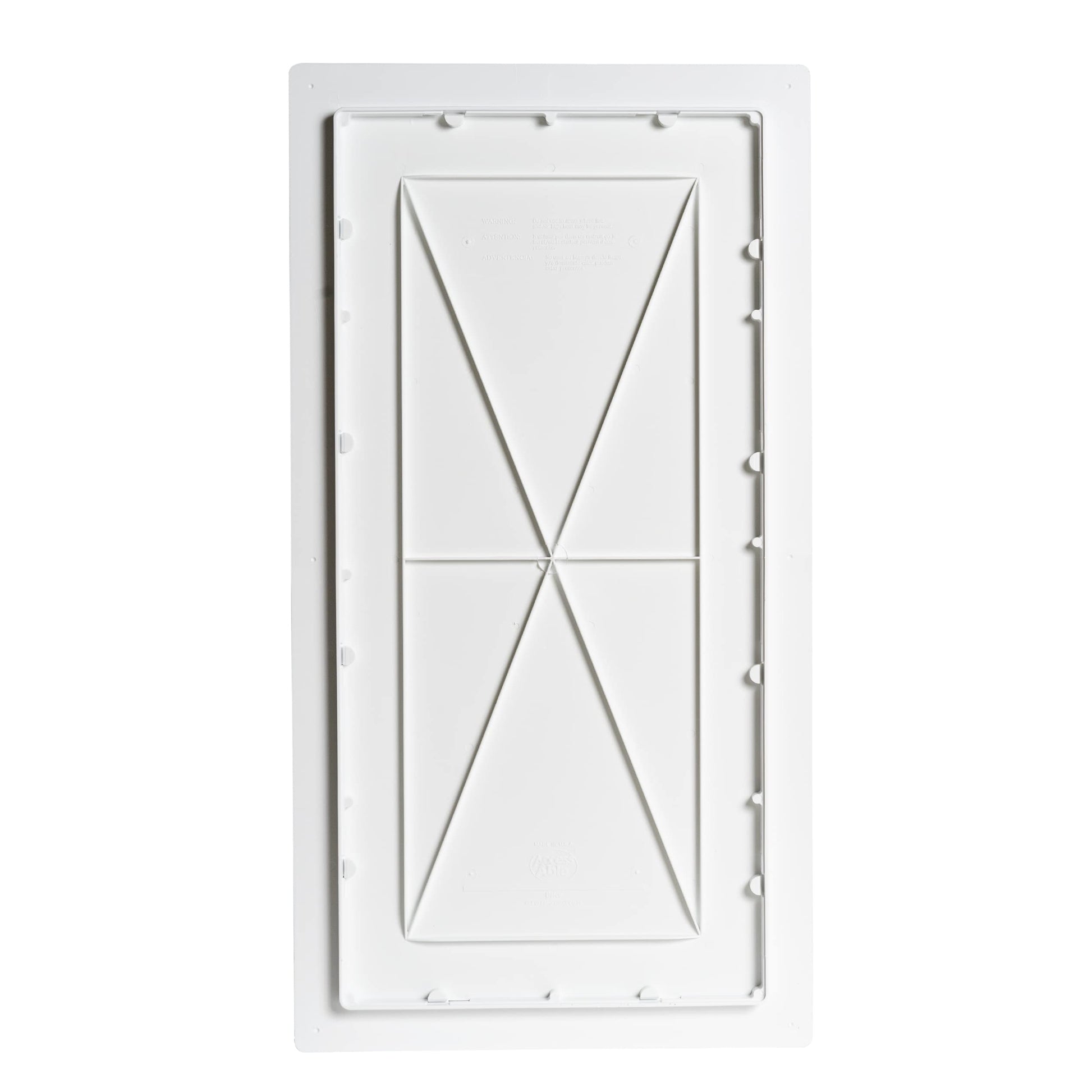 White rectangular wall access panel with X-pattern design and mounting fasteners on border.