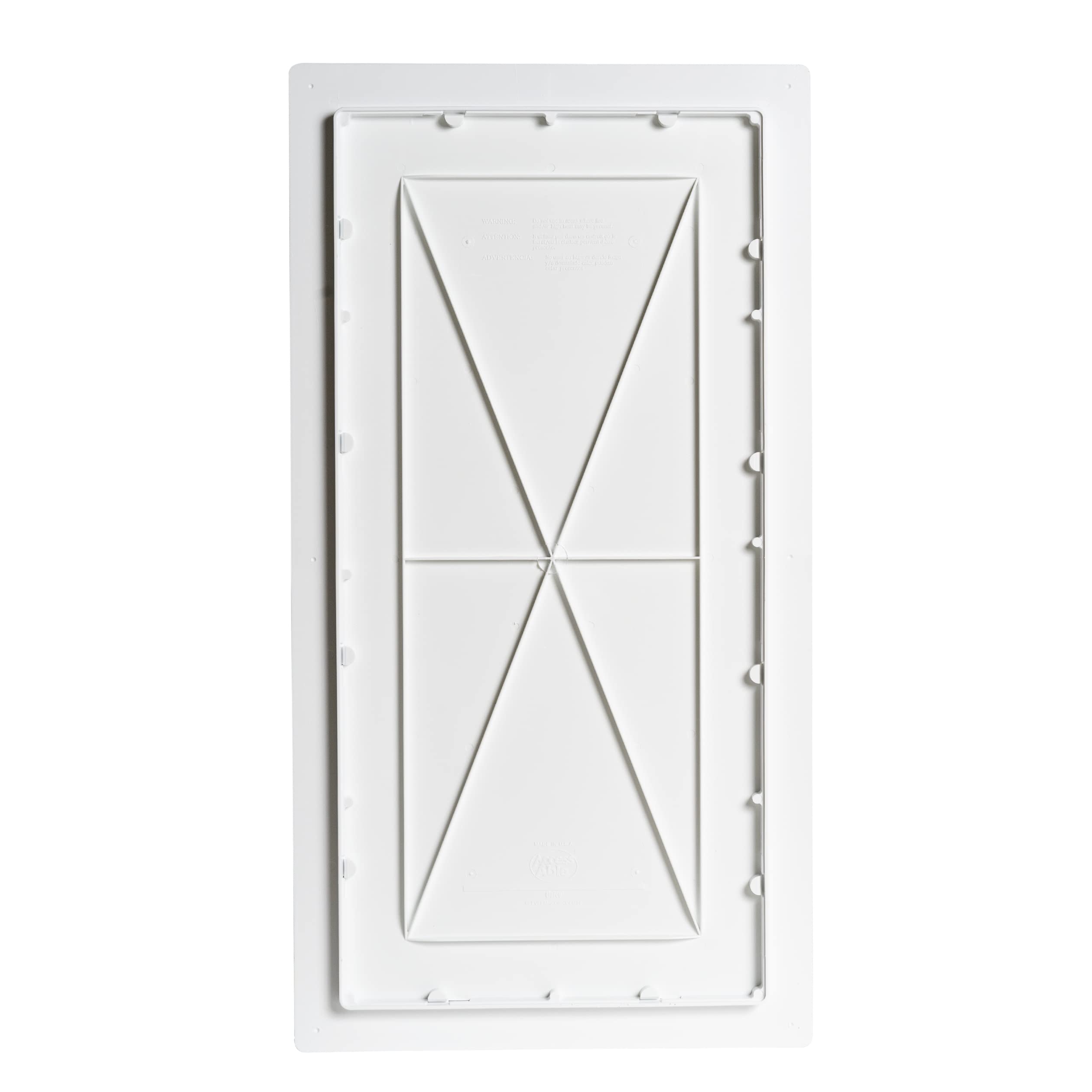White rectangular wall access panel with X-pattern design and mounting fasteners on border.