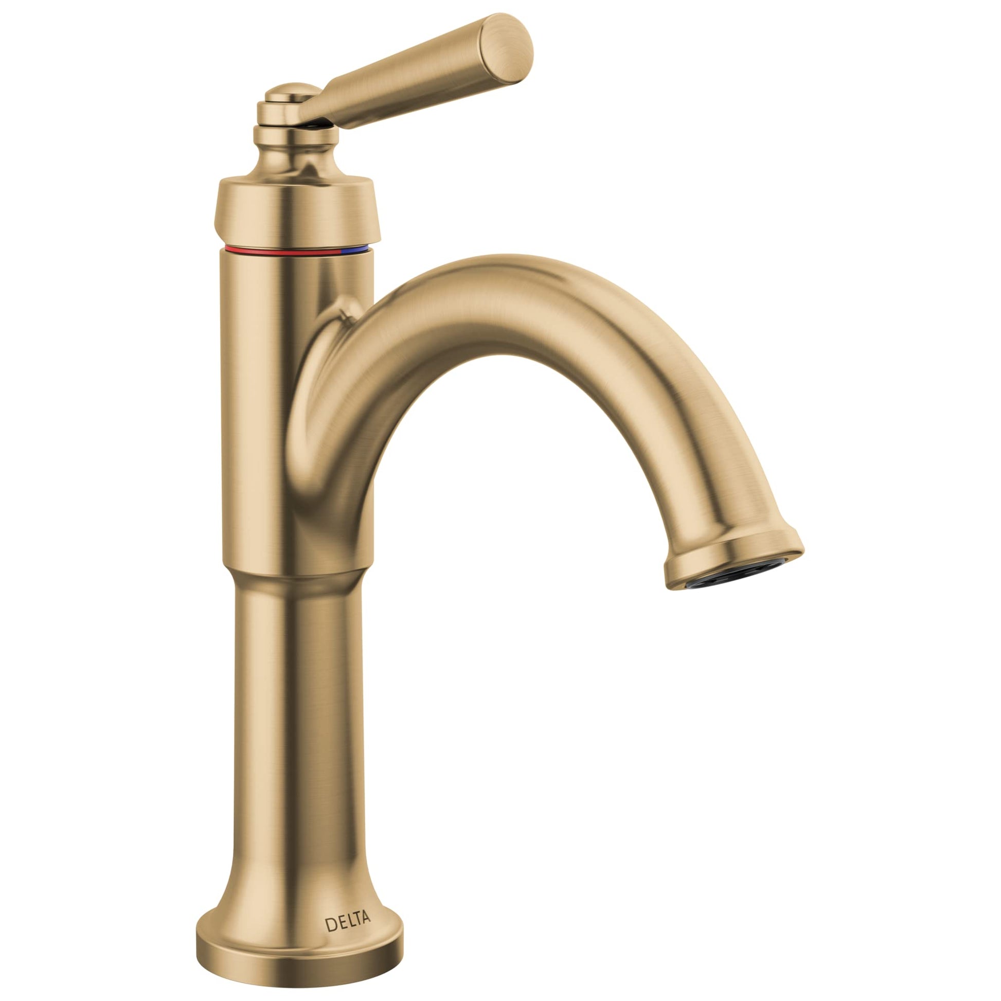 Champagne bronze single-handle bathroom faucet with curved spout and lever handle.