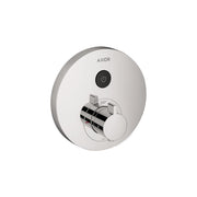 Round chrome shower thermostatic trim with single function control dial and power button, marked 100 degrees.