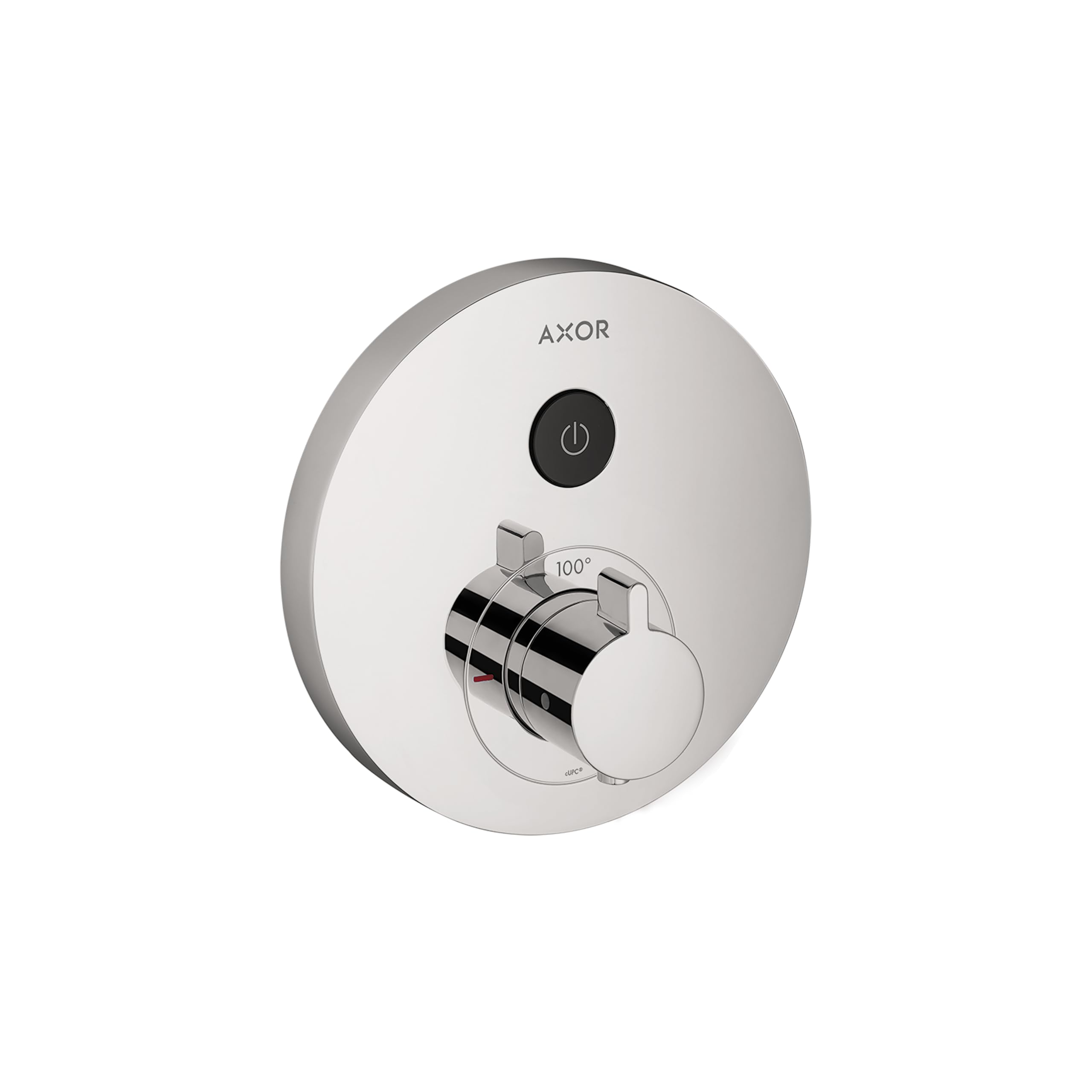 Round chrome shower thermostatic trim with single function control dial and power button, marked 100 degrees.