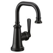 Matte black single-handle bathroom sink faucet with curved spout and lever handle on round base.
