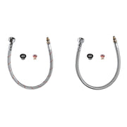 Chrome connection hoses with metal braided sleeves and brass fittings, including washers and valve cartridges.