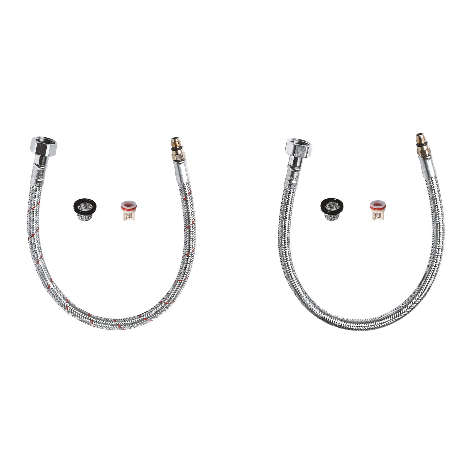 Chrome connection hoses with metal braided sleeves and brass fittings, including washers and valve cartridges.