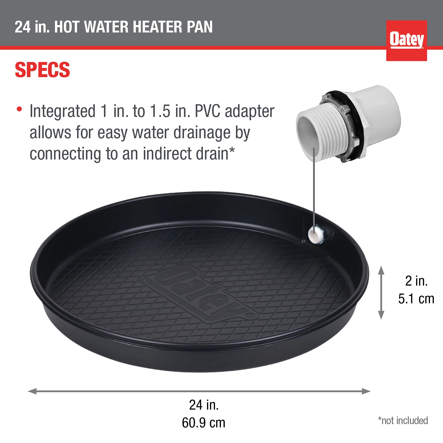 Oatey 24 in. plastic hot water heater pan with 1 to 1.5 in. pvc adapter in Black - 34063