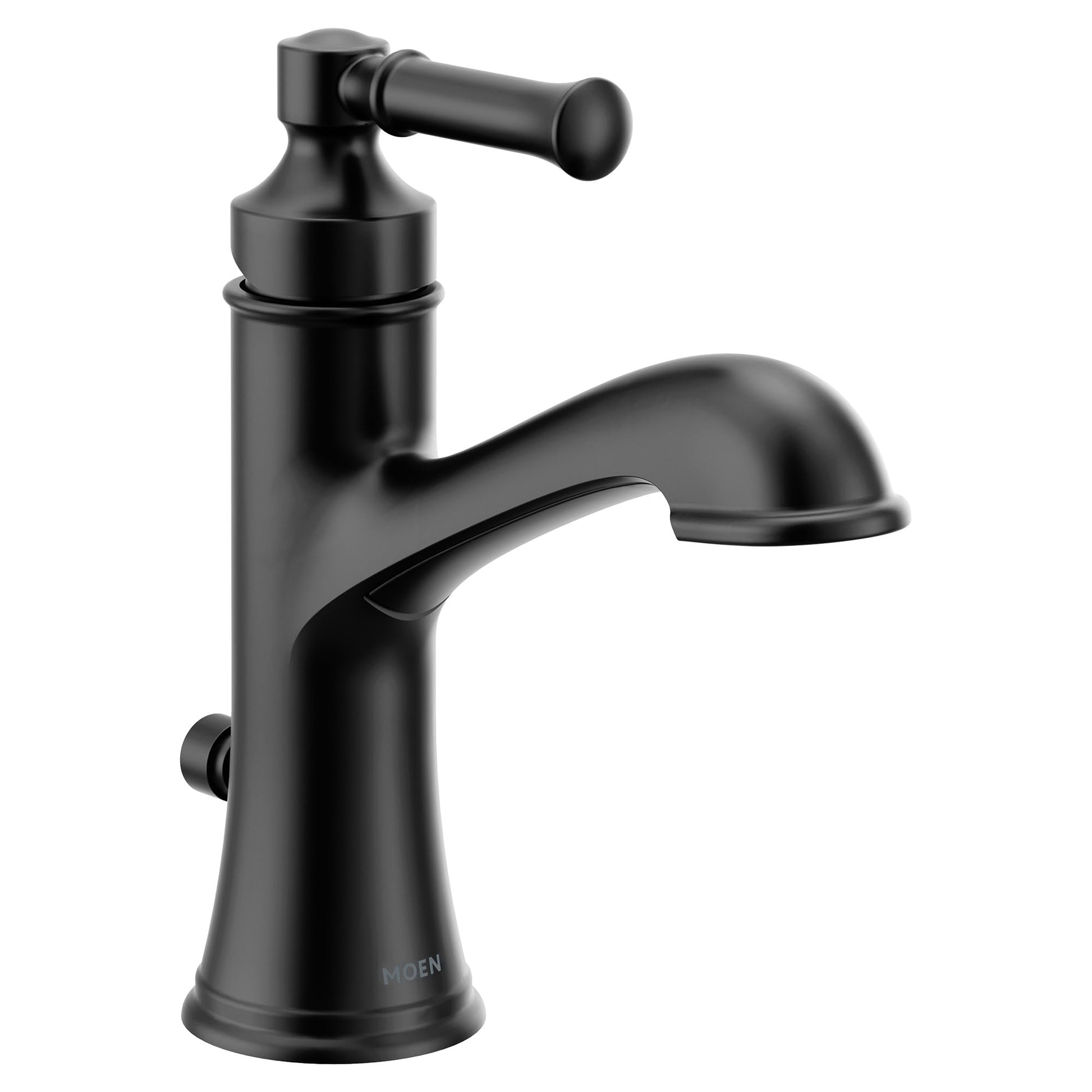 Matte black single-handle bathroom sink faucet with curved spout and lever handle.