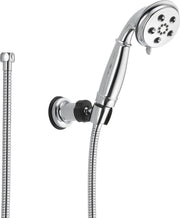 Chrome hand shower with multiple spray holes mounted on adjustable wall bracket with flexible hose and control lever.