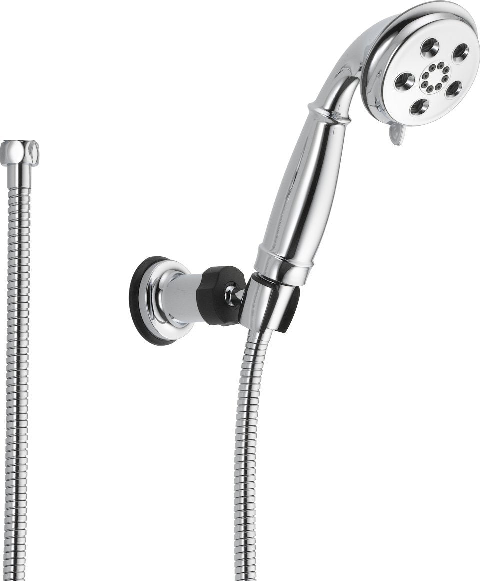 Chrome hand shower with multiple spray holes mounted on adjustable wall bracket with flexible hose and control lever.
