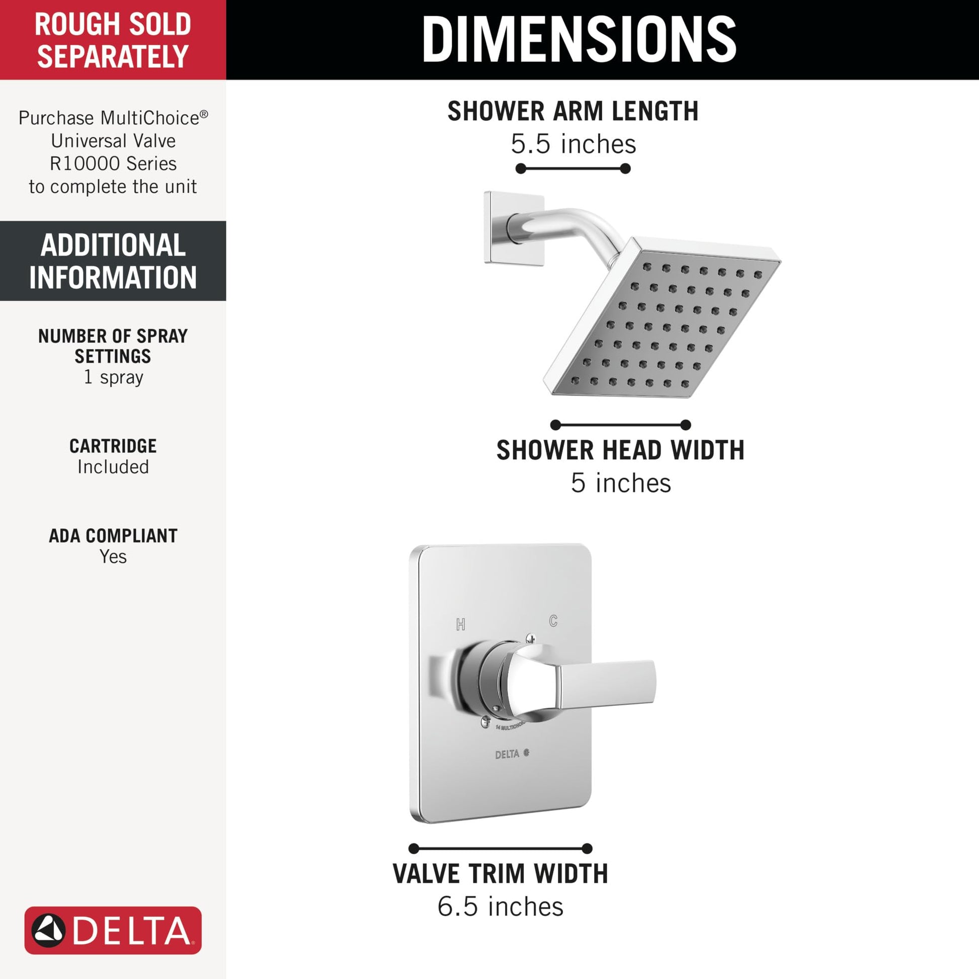 Chrome shower trim with 5-inch square showerhead, curved arm, and rectangular valve escutcheon with single lever handle.