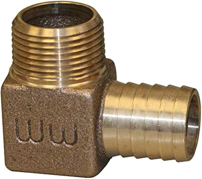 Brass hydrant elbow connector with threaded male inlet on top and barbed outlet for plastic pipe on the side.