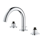 Chrome widespread bathroom faucet with arched spout and two lever handles with black knobs.