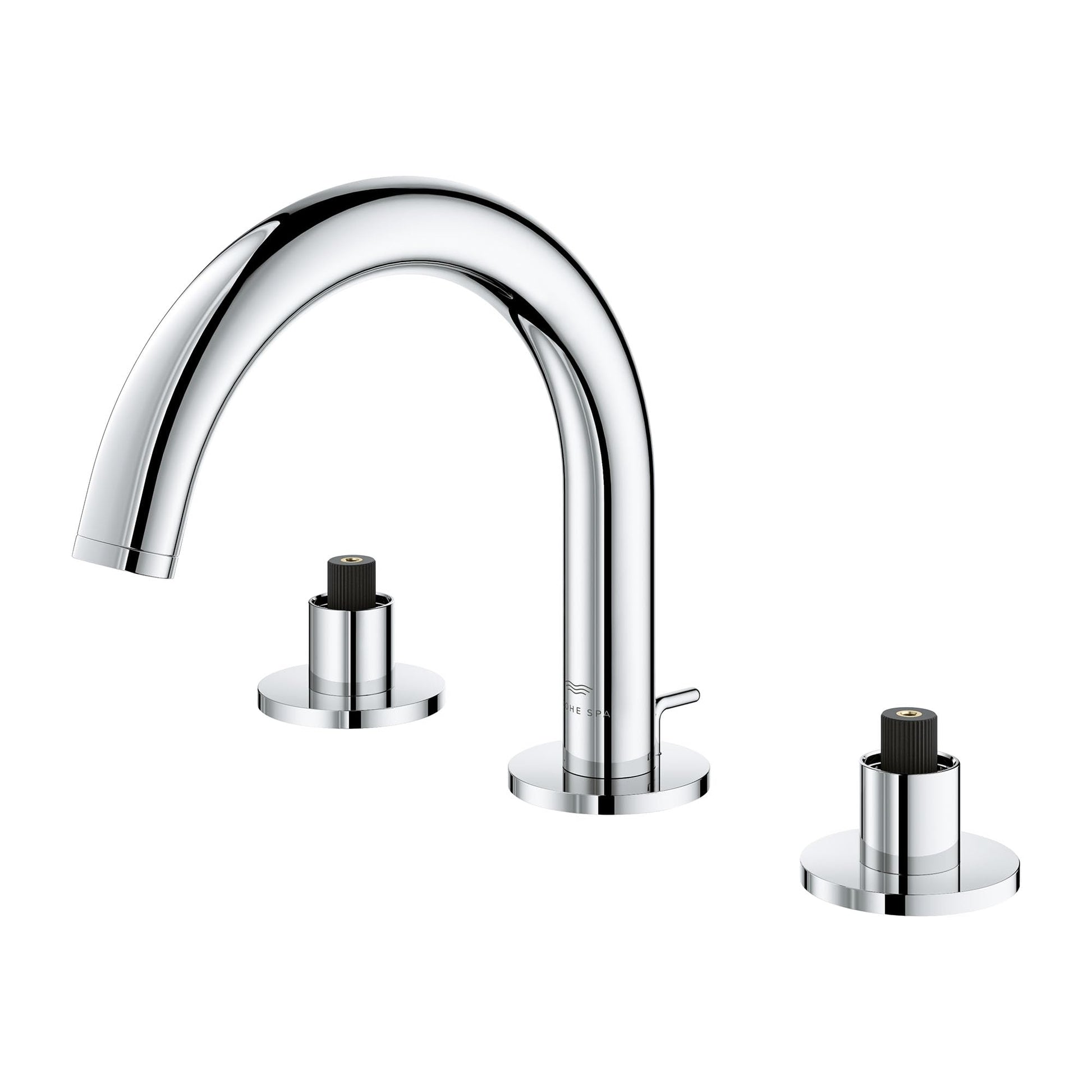 Chrome widespread bathroom faucet with arched spout and two lever handles with black knobs.