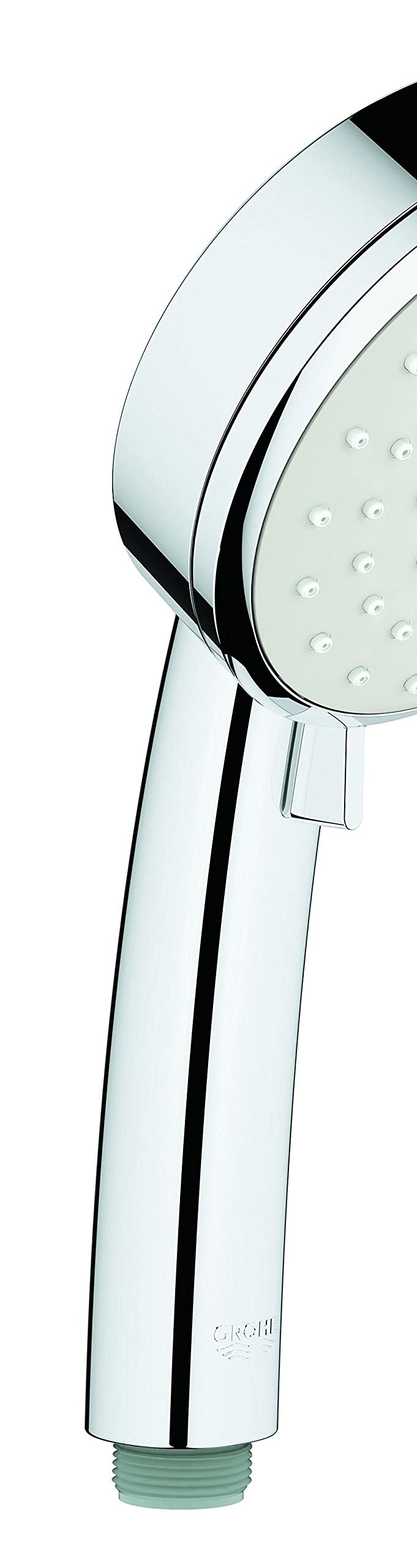 Chrome hand shower with white spray face and multiple spray holes, featuring curved grip handle and threaded connector.