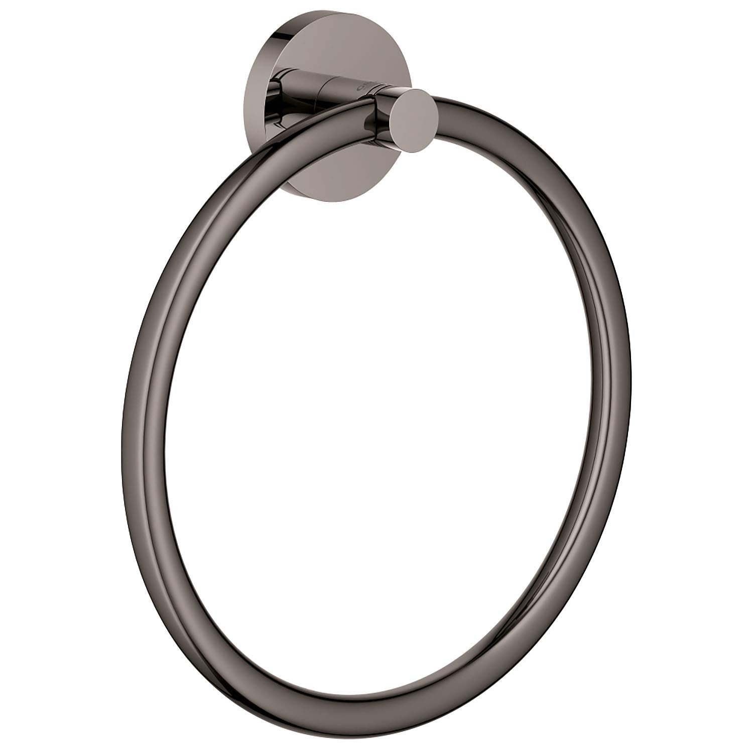 Dark gray metal towel ring with circular wall-mounted backing plate and rounded bar.