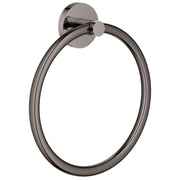 Dark gray metal towel ring with circular wall-mounted backing plate and rounded bar.