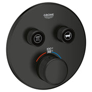 Matte black circular valve trim with two top controls featuring shower and tub icons, and lower temperature dial with red and