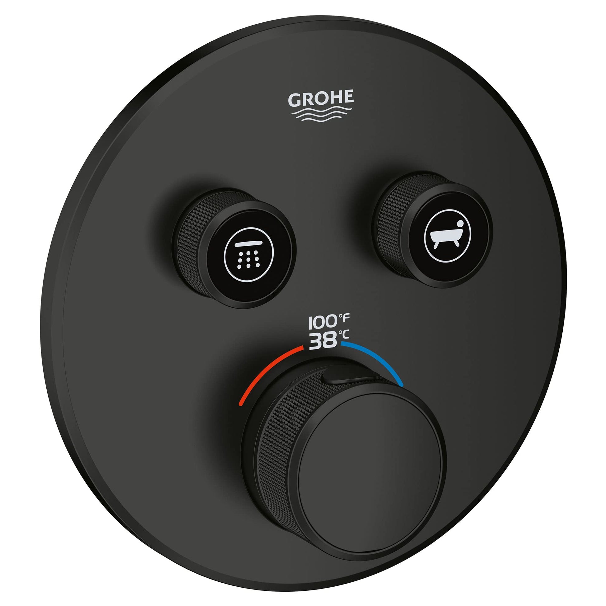 Matte black circular valve trim with two top controls featuring shower and tub icons, and lower temperature dial with red and
